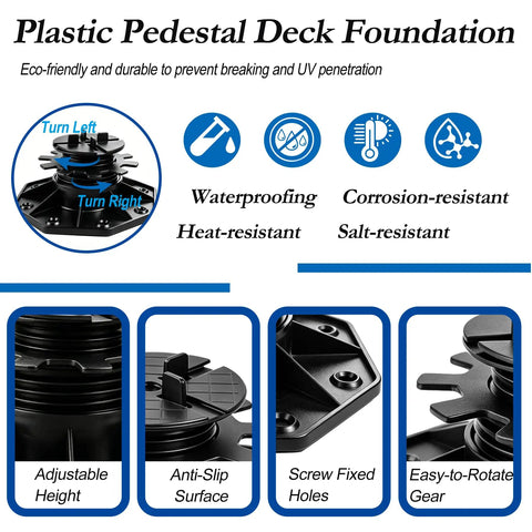 Features of Beefy and Heavy Duty Adjustable Paver and Tile Pedestal Set, 26 Pack, including waterproofing and corrosion resistance.