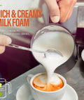 4 In 1 Electric Milk Frother And Steamer For Hot And Cold Foam 350ml Capacity pouring foam into cappuccino cup