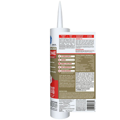 Side view of Waterproof Kitchen And Bathroom Silicone Caulk White 10 Oz 1 Pack Strong Adhesion with label details