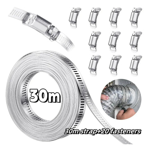 Must-Have 304 Stainless Steel Hose Clamps Assortment Kit With Tough Metal Straps Plus Strong Fasteners For Heavy Duty Worm Gear Jobs That Last. 30m roll with 20 fasteners