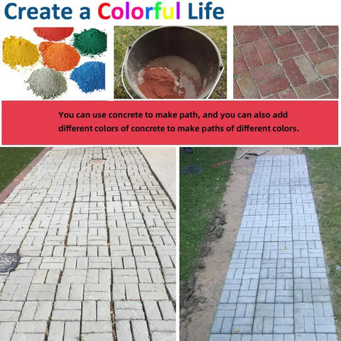 Colorful paths using Reusable Concrete Molds For Walkways And Patios 15.7 By 15.7 By 1.57 Inch Path Maker With 8 Grid Stone Molds.