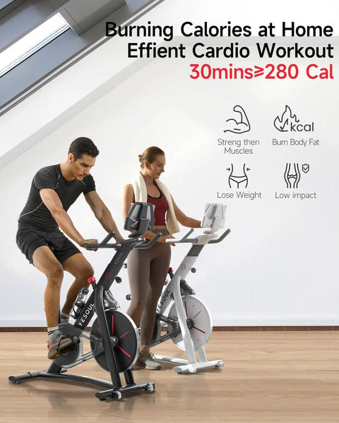 Two people using S3 Black Home Exercise Bike With Magnetic Resistance in a bright home gym setting.