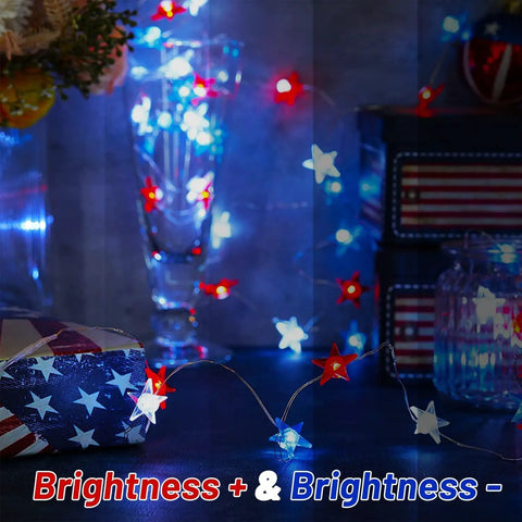 Red White Blue Patriotic String Lights 16Ft 50 LED Battery Operated With Timer And Remote Flexible Fairy Lights glowing