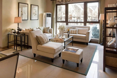 Modern living room with sofas and armchairs featuring Beefy 6 Inch Black Wood Furniture Legs Pack Of 4, elegant and functional setup.
