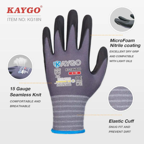 MicroFoam Nitrile Coated Work Gloves With 25 Percent Thinner Coating 3 Pairs Seamless Knit Nylon For Men And Women Ideal For Automotive Warehouse And Construction Large Gray KG18NB