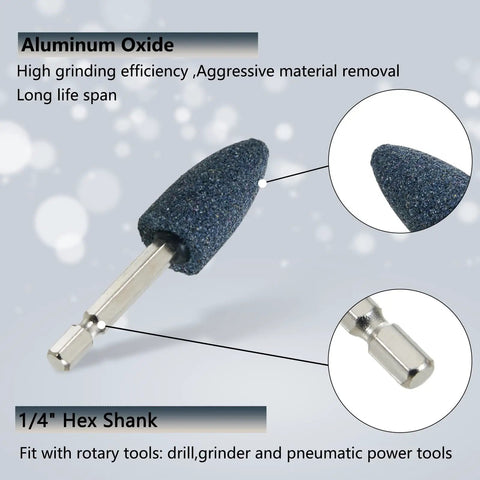 Eight Piece Cone Shape Mounted Grinding Stone Set with One Quarter Inch Hex Shank for sharpening deburring rust removal
