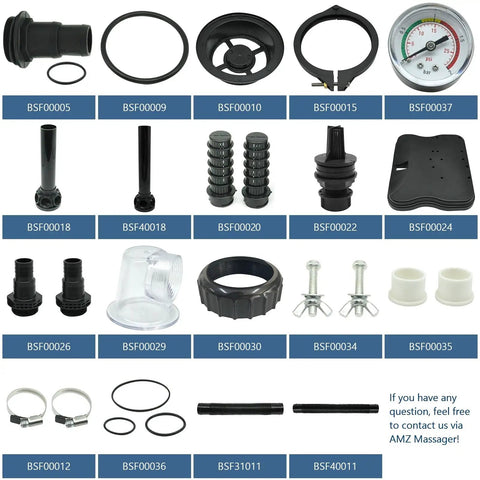 Replacement Pressure Gauge For 13 Inch And 15 Inch Sand Pool Filter Pumps, Aftermarket Part 00-00037, assortment of components displayed
