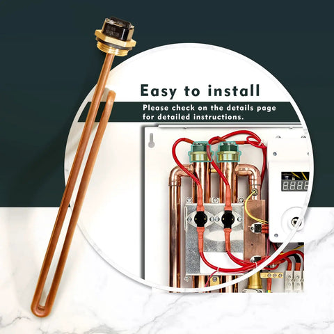 Replacement Copper Heating Element For EcoSmart ECO 18 27 36 Tankless Water Heaters 9KW 240V Screw In Element DIY Easy Install Durable Copper 2 Pack Built For Long Lasting Hot Water shown with installation illustration.