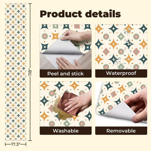 Top Tier Geometric Retro Peel And Stick Wallpaper For Your Space Refresh Skip The Drill With Easy Peasy Self Adhesive Removable Wallcovering That Hits Great On Any Wall in four detail images showing features.