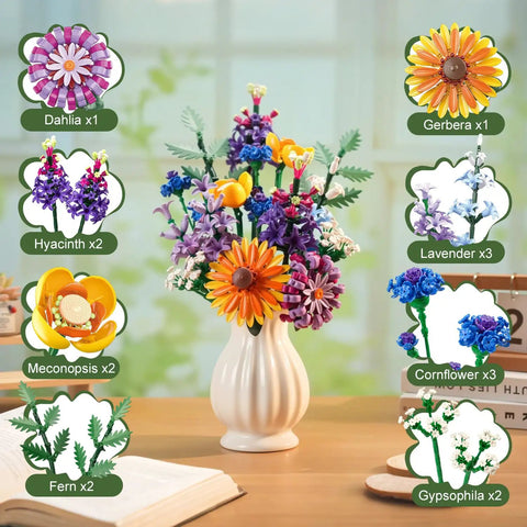 Sunflower 1183-Piece Building Blocks Set For Adults Flower Garden Kit For Home Decor And Mindful Crafting, Perfect Gift For Valentines Day And Mothers Day, Brick Compatible With Most Brick Systems. Buildable flower bouquet in vase