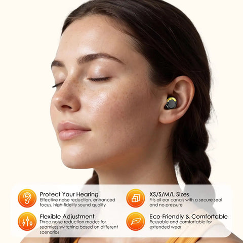 Woman wearing Adjustable Ear Plugs With 3 Noise Canceling Modes For Concerts Work Travel And More Reusable Hearing Protection