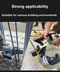 Wlikoci Electric Hydraulic Rebar Cutter For 4 To 28 Mm Steel Bar in use, cutting thick steel rods at a construction site.