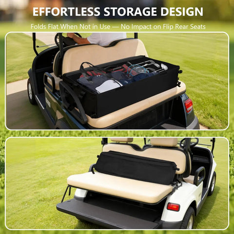 Golf Cart Storage Bag And Accessories For 2 Plus 2 Seats Heavy Duty Cargo Box With Strong Buckles And Adjustable Straps Fits Yamaha, Club Car, EZGO, Kandi And More No Drill Design Bag Only Weather Resistant on rear seat
