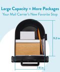 Heavy Duty Post Mounted Outdoor Mailbox in Black with Galvanized Steel Construction, large capacity showing interior with packages