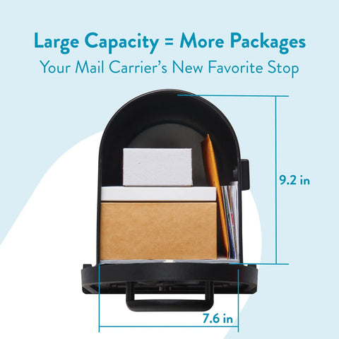 Heavy Duty Post Mounted Outdoor Mailbox in Black with Galvanized Steel Construction, large capacity showing interior with packages