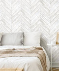 White And Tan Herringbone Wood Look Peel And Stick Wallpaper For Renters And Homeowners, Removable Vinyl, bedroom wall accent