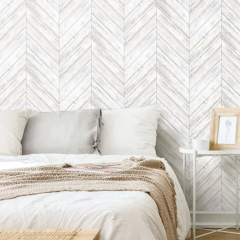 White And Tan Herringbone Wood Look Peel And Stick Wallpaper For Renters And Homeowners, Removable Vinyl, bedroom wall accent
