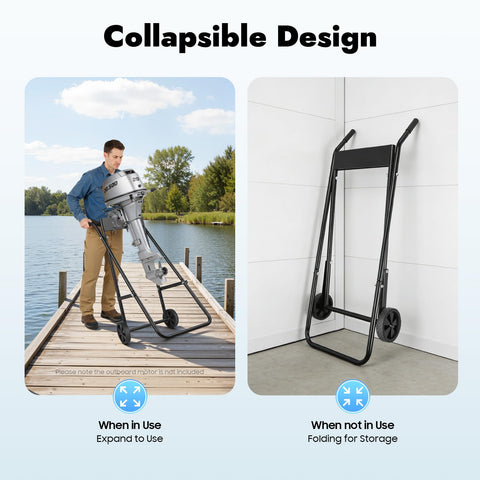 Outboard Motor Trolley Carrier Cart Foldable Engine Stand built to last for boats with heavy duty 30 HP motors on dock and folded