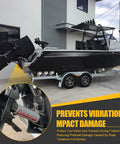 Heavy Duty Outboard Motor Support For 3 Ram Trim Tilt Systems on boat trailer, gray fluorescent transom saver in use