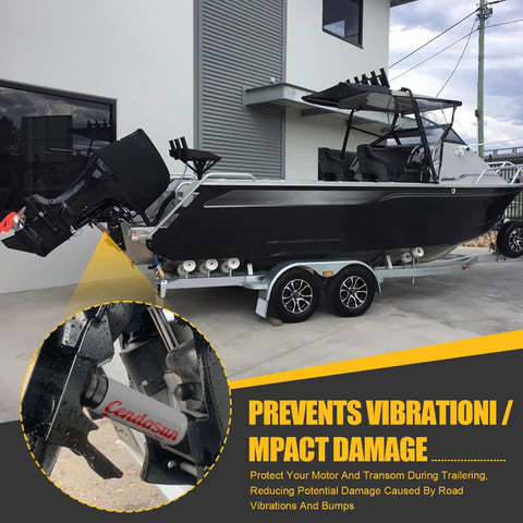 Heavy Duty Outboard Motor Support For 3 Ram Trim Tilt Systems on boat trailer, gray fluorescent transom saver in use