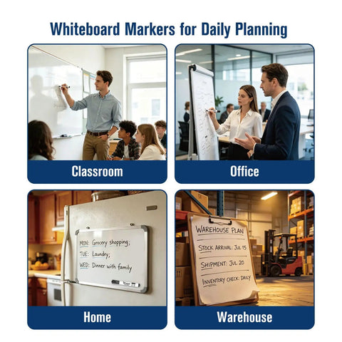 Black Dry Erase Markers Set With Low Odor Ink used in classroom, office, home, and warehouse for planning and scheduling.