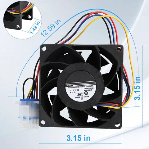 Refrigerator Evaporator Fan Motor DC 13.6V 0.16A Replacement For GE Models, dimensions shown with wiring and plug included.