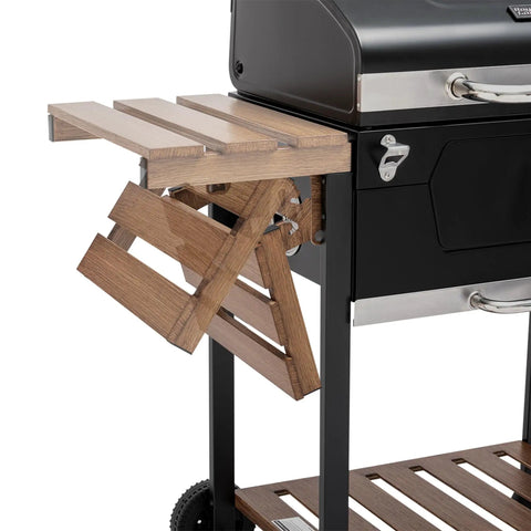24 Inch Charcoal Grill With Folding Table And Handle Grilling Ready Backyard BBQ Smoker 490 Sq In Total Cooking Space Includes 384 Sq In Porcelain Enameled Grates And 106 Sq In Stainless Warming Rack Height Adjustable Charcoal Pan with foldable table detail