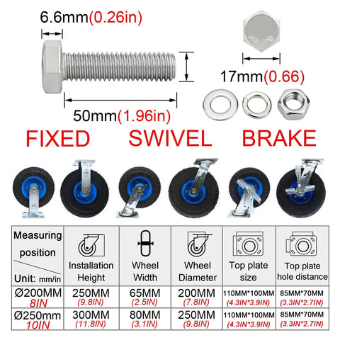 Heavy Duty Beef Pneumatic Rubber Caster Wheels With Swivel Brake Castors Shock Absorbing Industrial Floor Casters 8 Inch or 10 Inch detailed parts image with specifications and sizes.