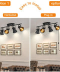 Plug In Four Light Track Lighting Fixture In Industrial Black With Long 14.7 Foot Wire, Easy Plug And Play Ceiling Light For Kitchen