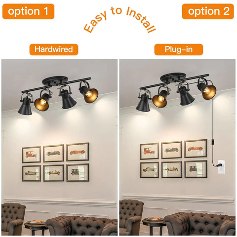 Plug In Four Light Track Lighting Fixture In Industrial Black With Long 14.7 Foot Wire, Easy Plug And Play Ceiling Light For Kitchen