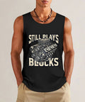 Mens Sleeveless Cotton Tank Top Built Tough For The Gym Sweat Wicking Workout Tee with graphic design in black color.
