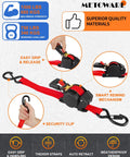 4 Pack Auto Retracting Ratchet Straps 1x10 Ft showing grip handle, red polyester strap, and automatic rewind mechanism for cargo securing.