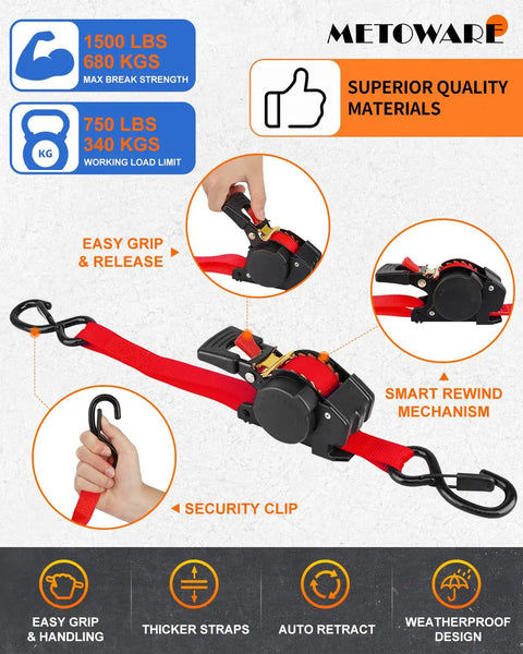 4 Pack Auto Retracting Ratchet Straps 1x10 Ft showing grip handle, red polyester strap, and automatic rewind mechanism for cargo securing.