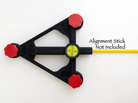 Rock Solid Adjustable Alignment and Leveling Stand for Approach R10 Monitor with red knobs and low profile rod holder, top view