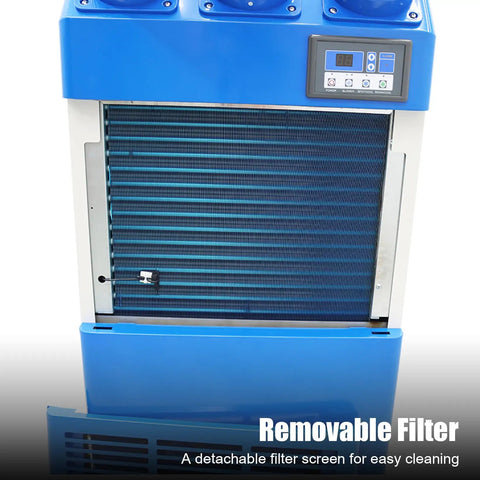 Heavy Duty Industrial Portable Spot Cooler Kickin Cold Turbo Double Fan Air Conditioner with removable filter screen for cleaning.
