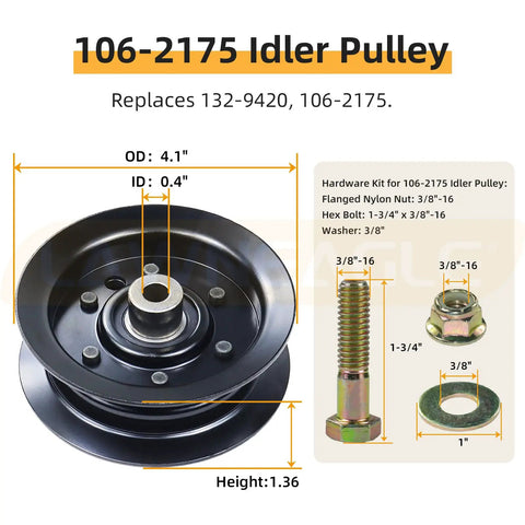 106-2175 idler pulley with 4.1-inch outer diameter and full hardware kit for spindle assembly replacement for Toro Timecutter 42 Inch Riding Mower 139 3214 Pro Grade Replacement Part Fits 4200 4200C 4225 4275C MX4200 MX4250 MX4260 MX4275 SS4200 SS4216 SS4225 SS4235 SS4250 SS4260 SW4200 SWX4250 ZS4200 ZS4200S ZS4200T ZS4200TF