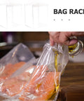 2 Pack Acrylic Food Prep Bag Holder Stand, Universal Bag Rack in use with salmon and olive oil, practical kitchen accessory