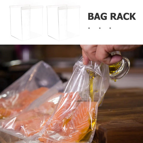 2 Pack Acrylic Food Prep Bag Holder Stand, Universal Bag Rack in use with salmon and olive oil, practical kitchen accessory