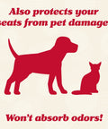 Red silhouette of dog and cat with text promoting protection by Waterproof Car Seat Cover Set, 2 Pack, Non Slip Protector, Black.