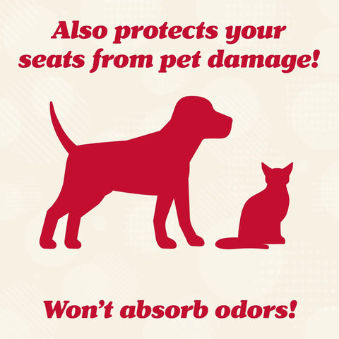 Red silhouette of dog and cat with text promoting protection by Waterproof Car Seat Cover Set, 2 Pack, Non Slip Protector, Black.