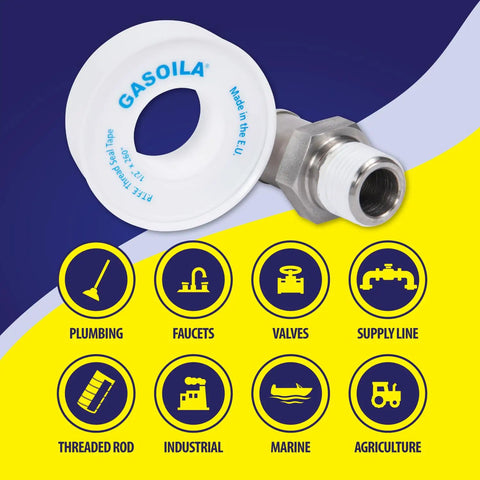 Pro Grade PTFE Thread Seal Tape Half Inch by 260 Inch For Plumbing And Water Lines, Leak Proof Seal, Non Toxic, High Density Tape with fittings.