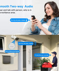 Woman using smartphone with 2K Outdoor Security Camera Bullet With 2 Way Audio And 3MP IP Surveillance IP66 Weatherproof