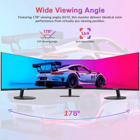 24 Inch FHD Office Monitor With 100Hz Refresh Rate And 1ms Response Time, AMD FreeSync For Tear Free Gameplay, Frameless Design, Built In Speakers, displayed in a multi-screen setup with wide viewing angle demonstration.