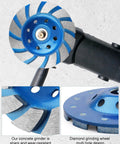 4.5 Inch Diamond Cup Grinding Wheels Set For Angle Grinder Pro Grade Heavy Duty 12 Segment, shown attached to grinder