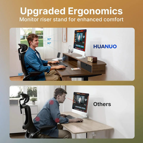 Spacious 40 X 24 Electric Standing Desk With Two Drawers And Hooks, Height Adjustable Computer Workstation C Clamp Mount Home Office Ergonomic Sit Stand Table Walnut with monitor riser illustrating ergonomics.
