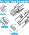 Close-up of 3 Piece PVC Pipe Threader Set For Water Lines showing threading tool and 1/4 inch hex shank detail.