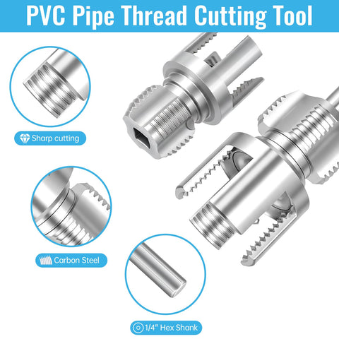 Close-up of 3 Piece PVC Pipe Threader Set For Water Lines showing threading tool and 1/4 inch hex shank detail.