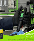 Hella Accurate Brake Fluid Tester Pen With Built In Alarm Warning For Quick Water Content Checks On Dot3 Dot4 Dot5.1 Hydraulic Systems And Rust Resistant Probe held with a blue cloth.