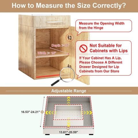 Kickass Pull Out Cabinet Organizer With No Sweat Adhesive Mount For Kitchens showing measuring guide for cabinet size compatibility.