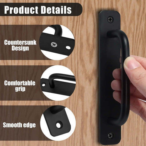 Black Barn Door Handle Set 2 Pack With 128mm Hole Center Sliding Cabinet Pulls, 5.83 Inch Length, durable zinc alloy, installed on wood door